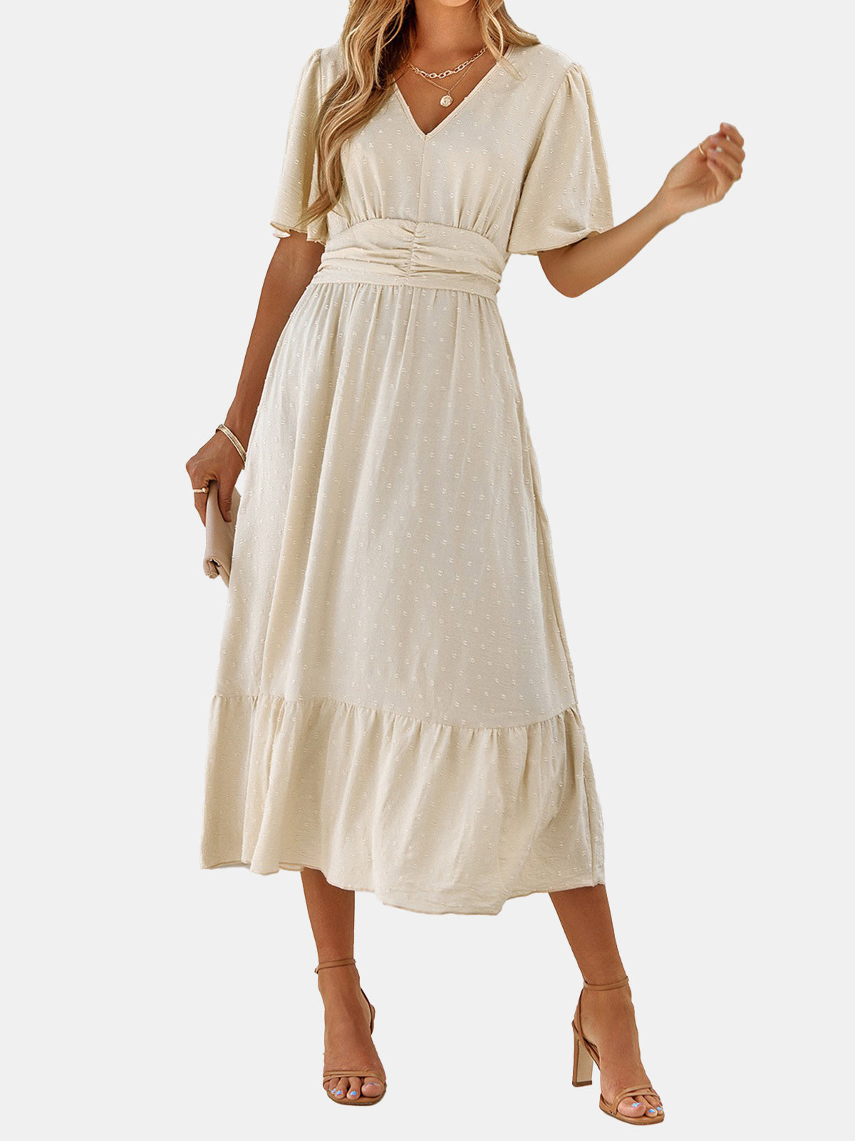 Dot V Neck Belt Solid Color Block Dress