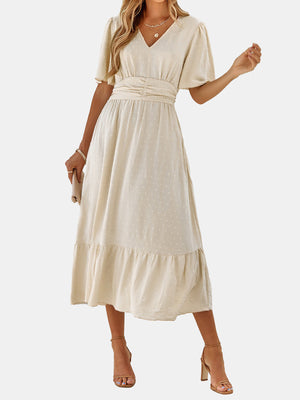 Dot V Neck Belt Solid Color Block Dress