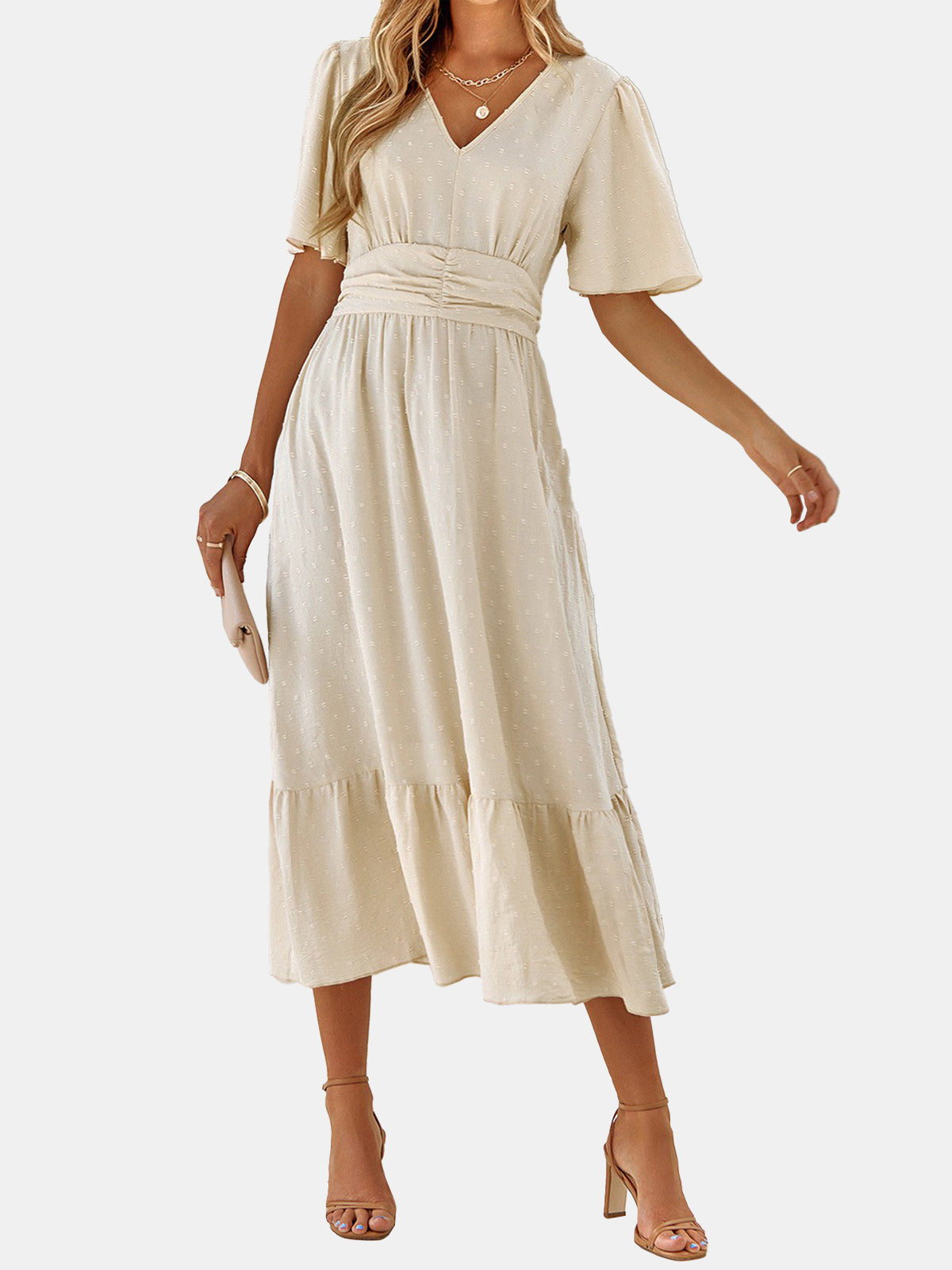 Dot V Neck Belt Solid Color Block Dress