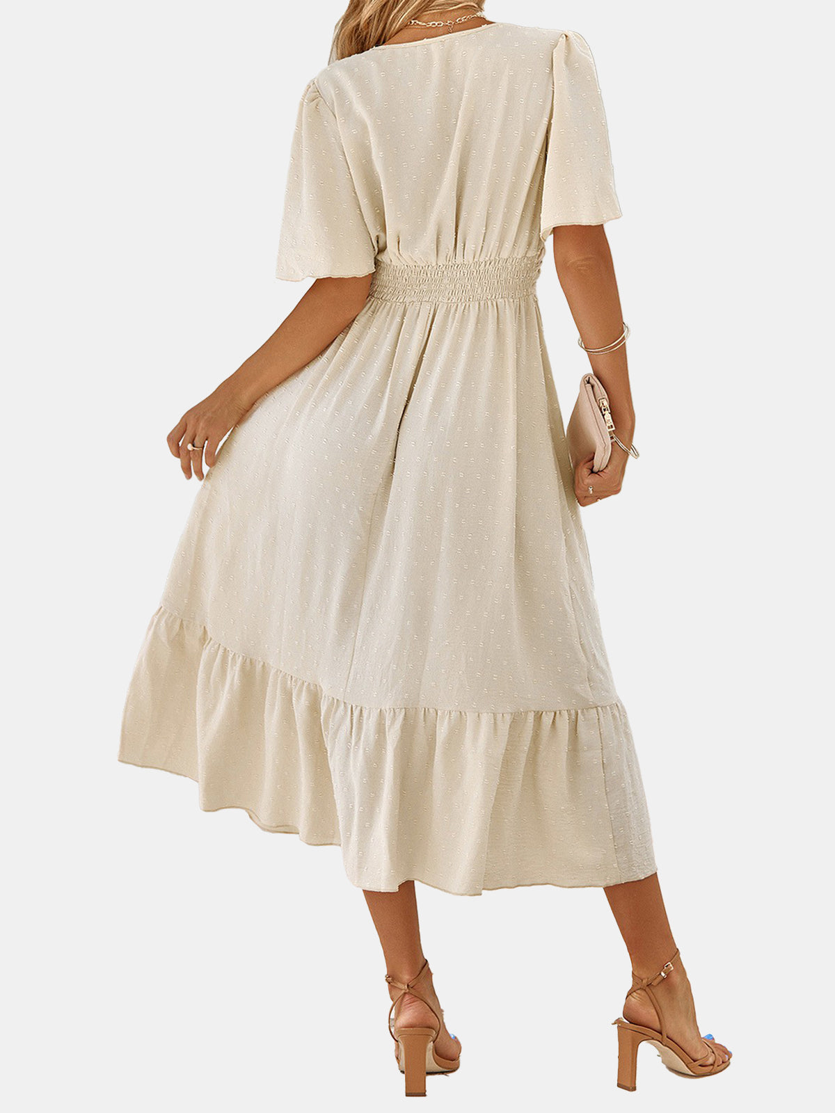 Dot V Neck Belt Solid Color Block Dress