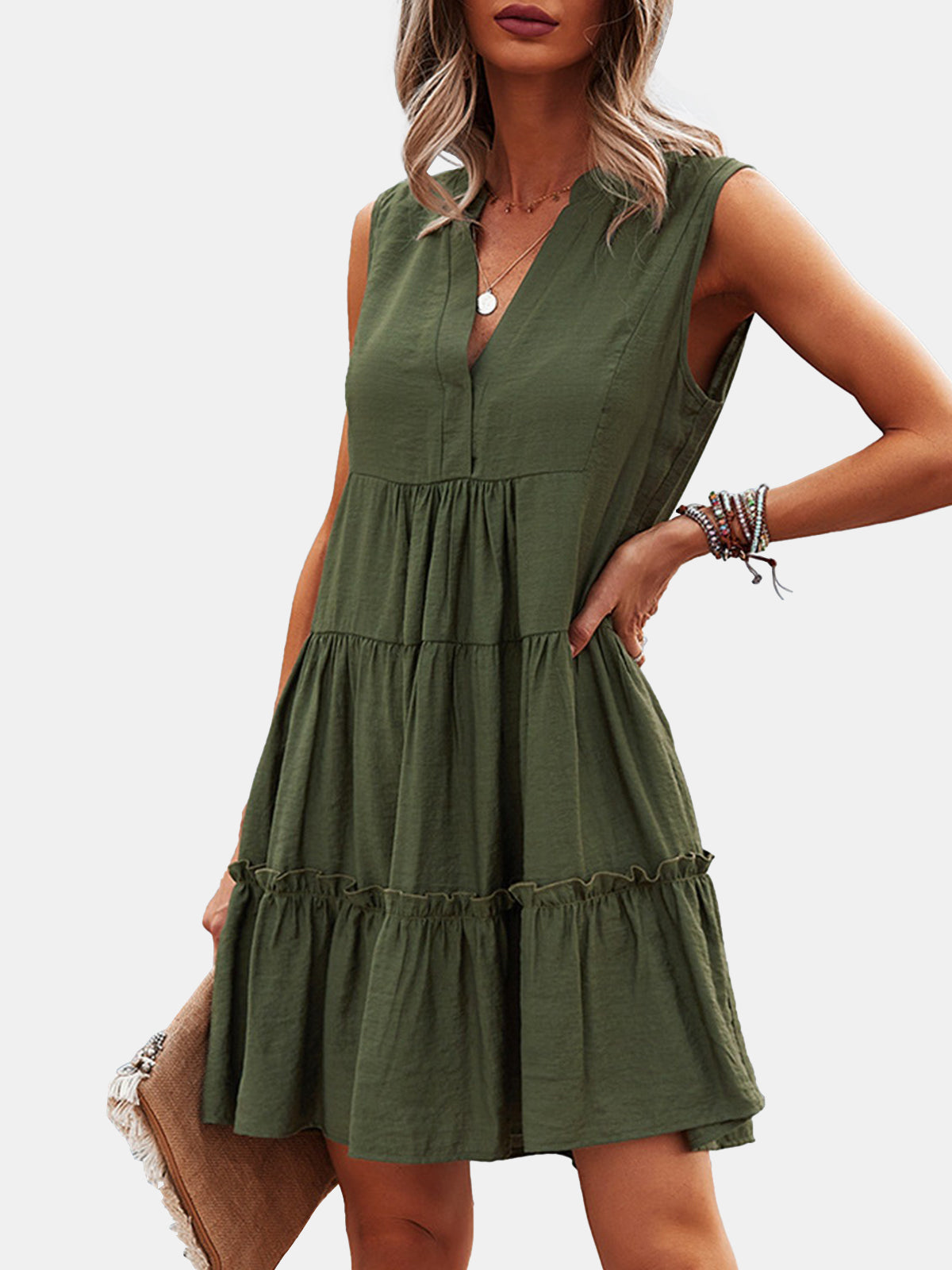 V-Neck Tiered Frill Smock Dress