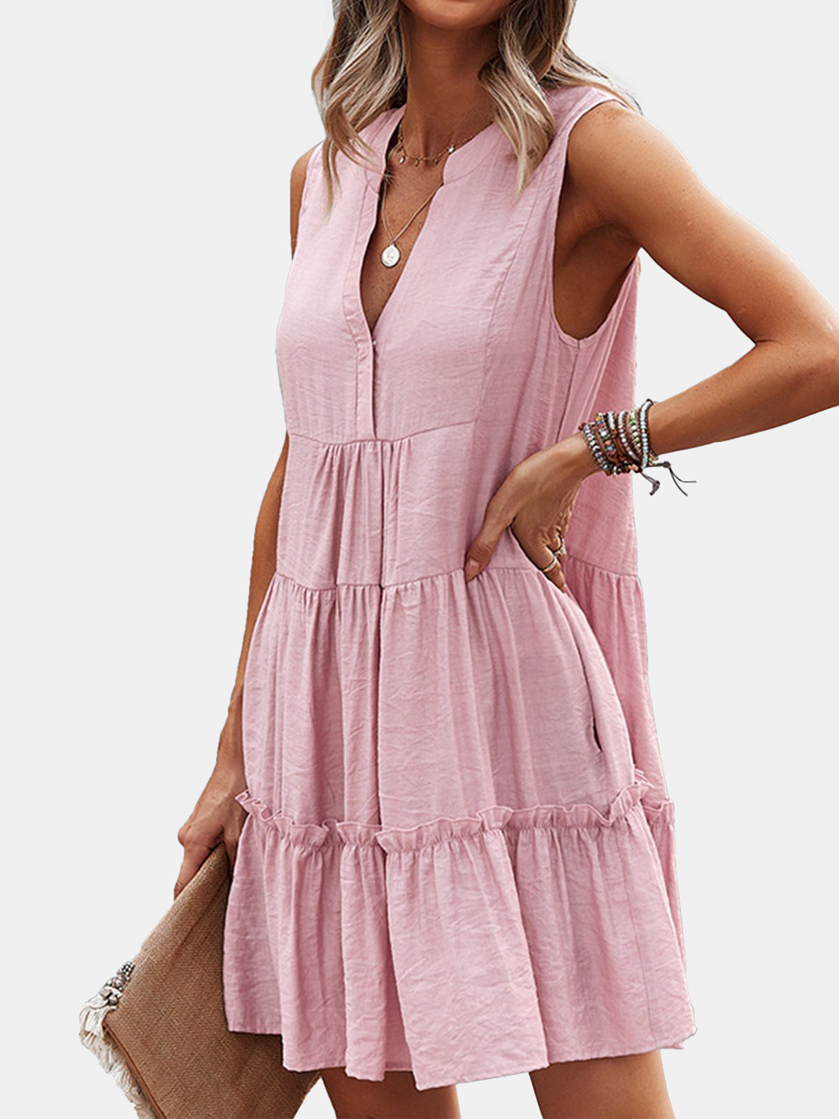 V-Neck Tiered Frill Smock Dress