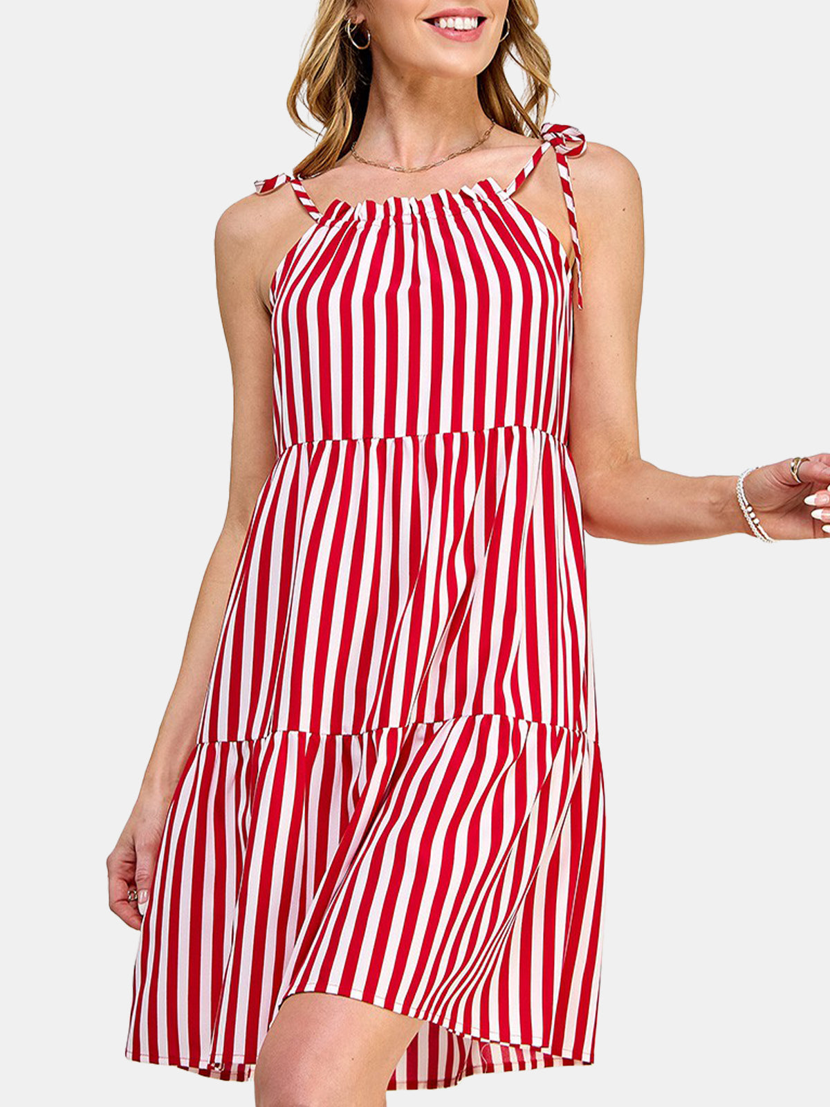 Tie Shoulder Stripe Print Short Dress