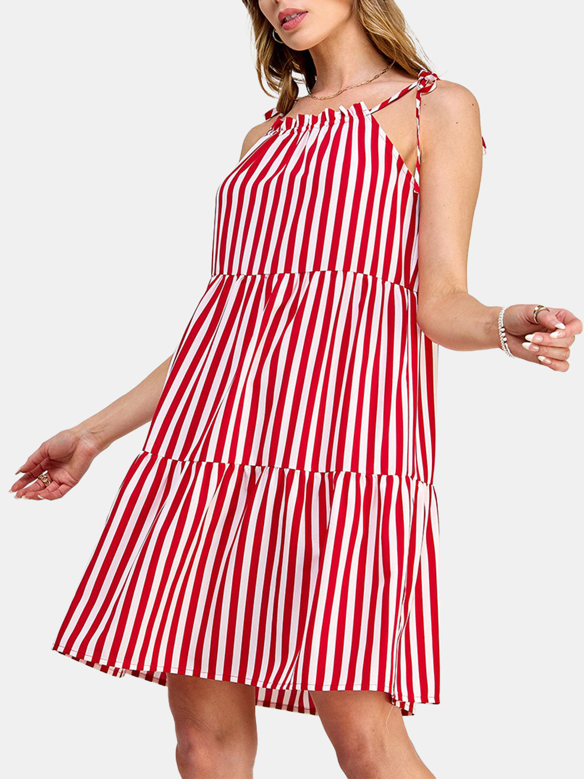 Tie Shoulder Stripe Print Short Dress