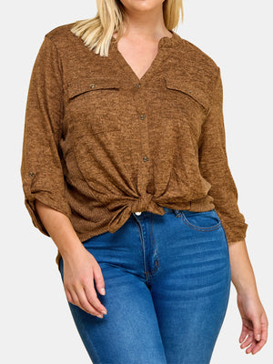 Plus Size Three Quarter Roll-Tab Sleeve Knit Top