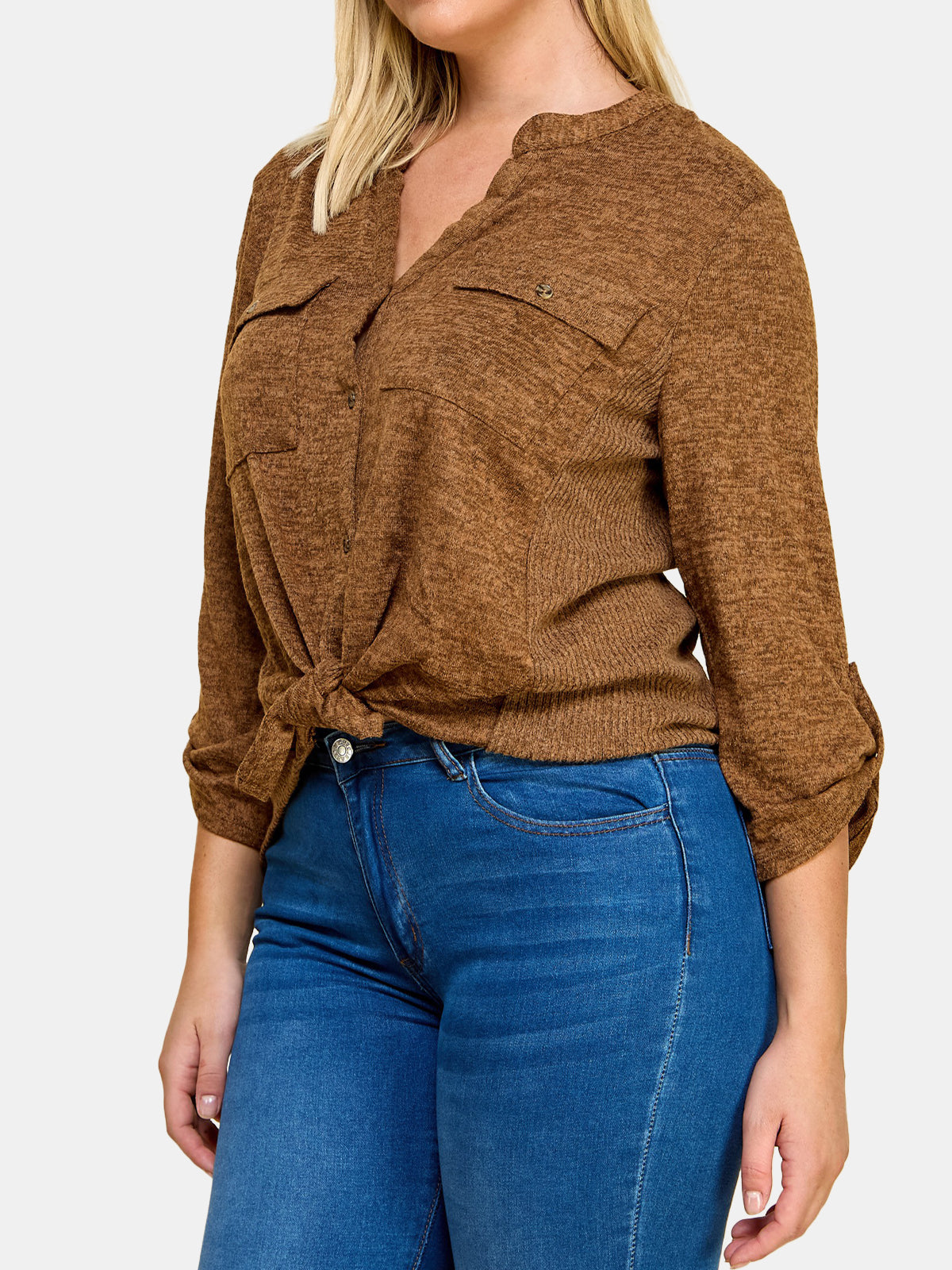 Plus Size Three Quarter Roll-Tab Sleeve Knit Top