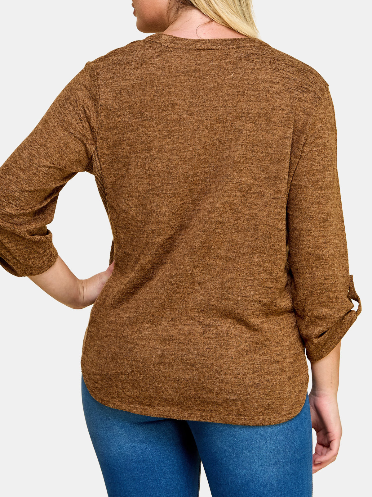 Plus Size Three Quarter Roll-Tab Sleeve Knit Top