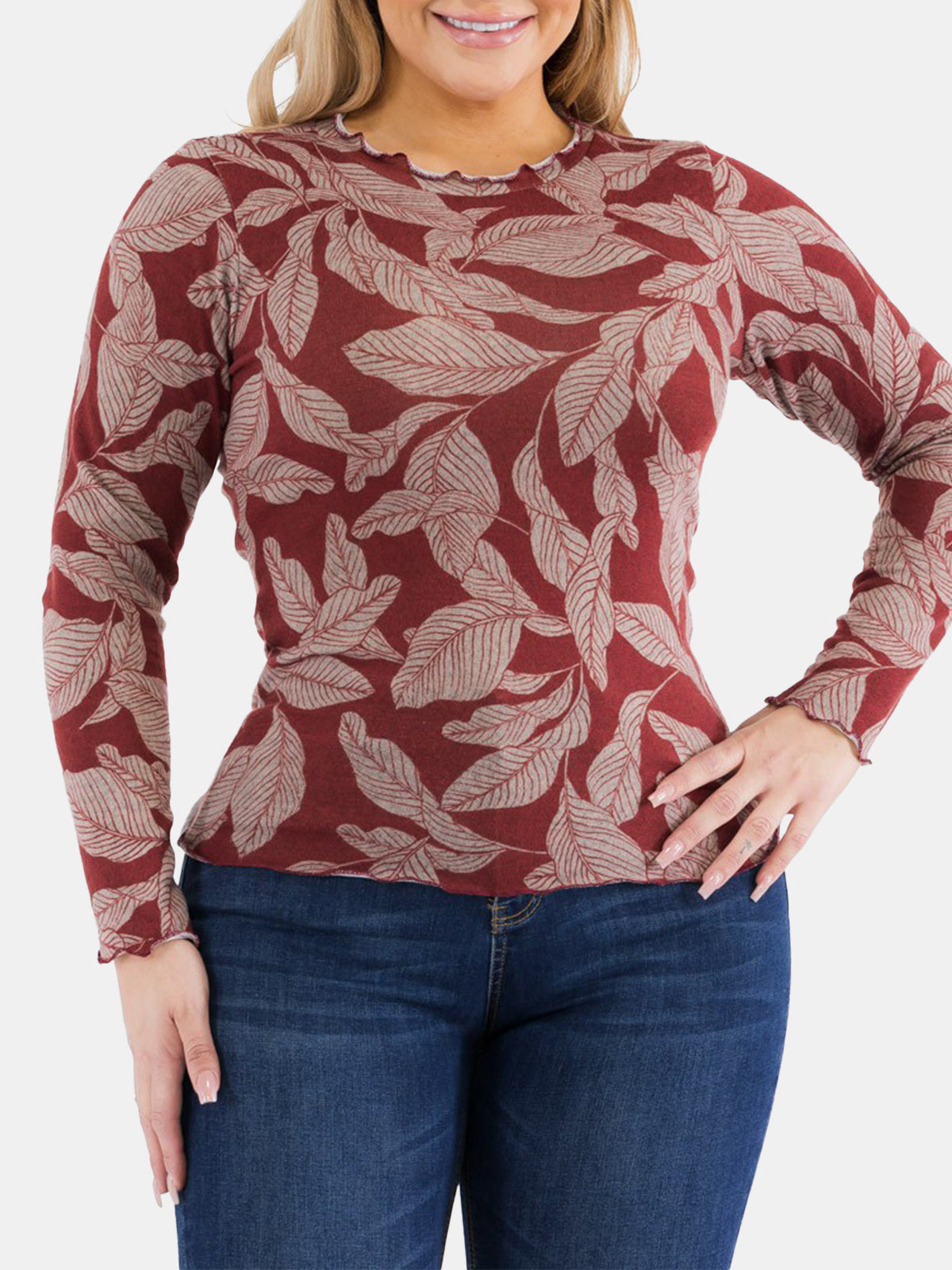 Plus Size Lettuce Hem Long Sleeve Knit Top