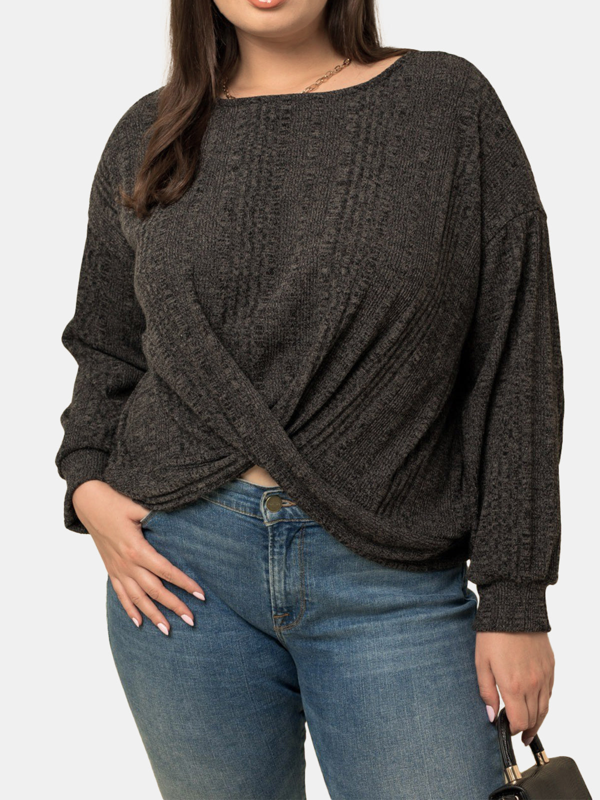 Plus Size Front Twist Long Sleeve Knit Top