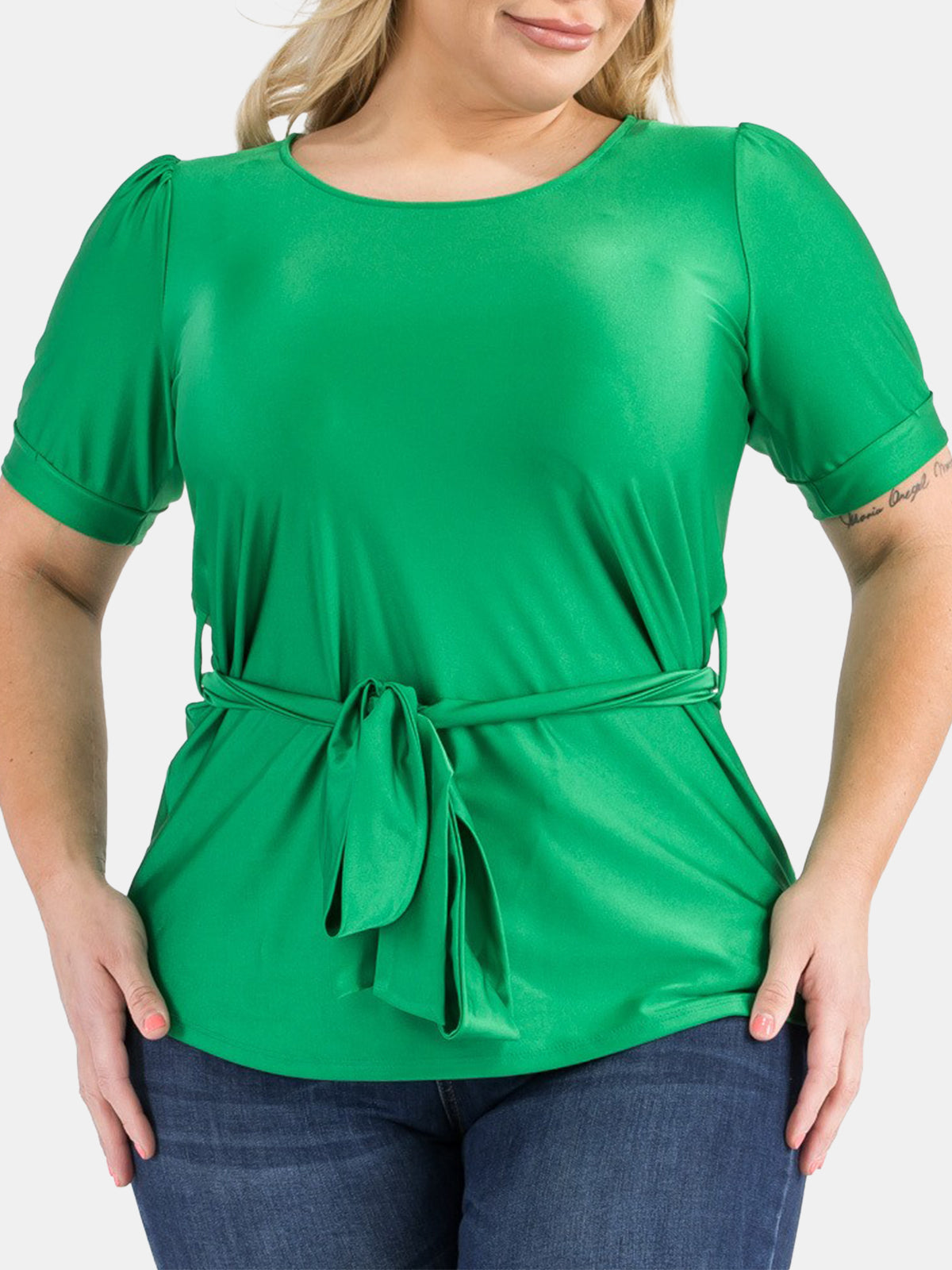 Plus Size Tie Waist Satin Knit Top
