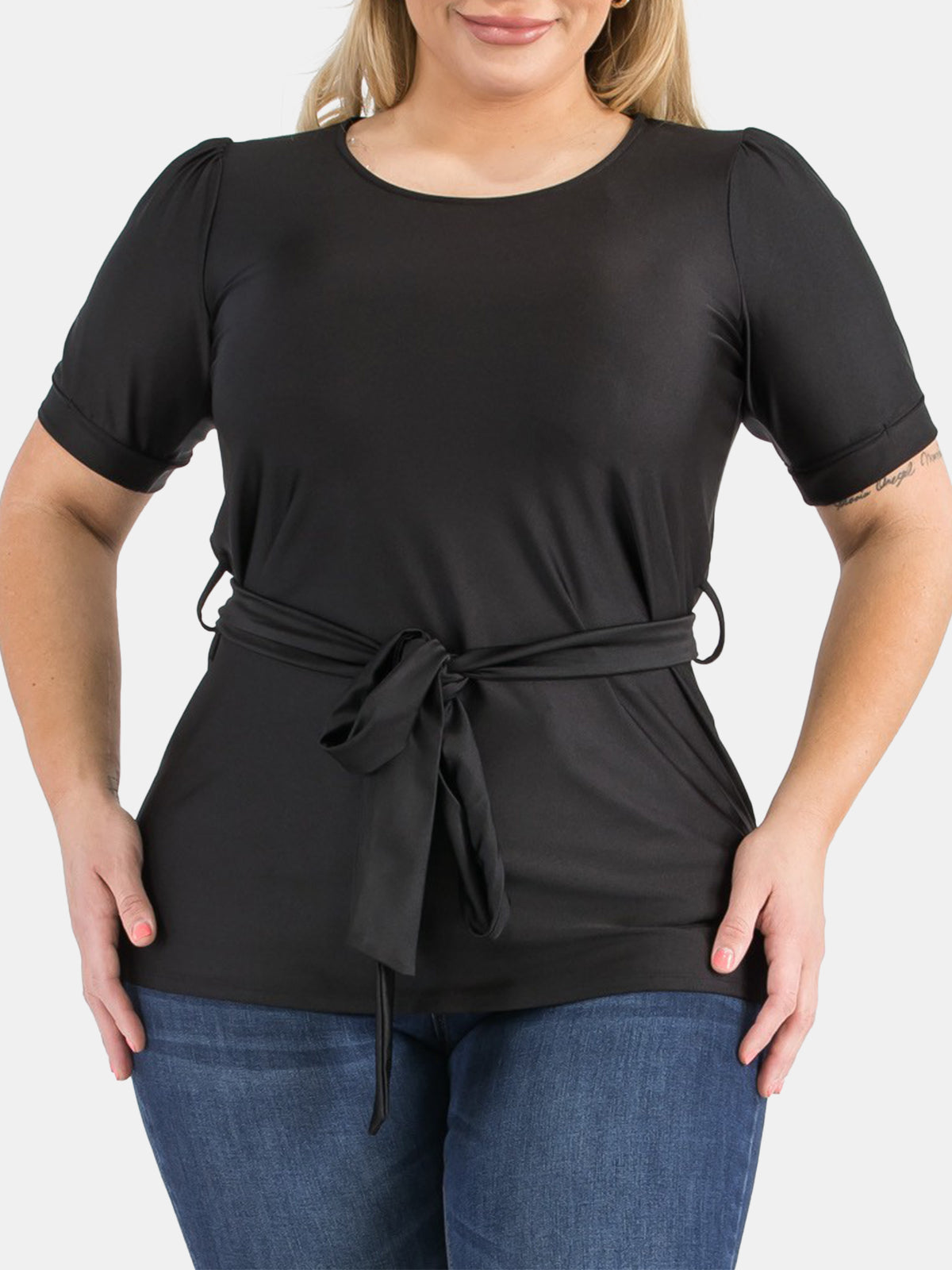 Plus Size Tie Waist Satin Knit Top