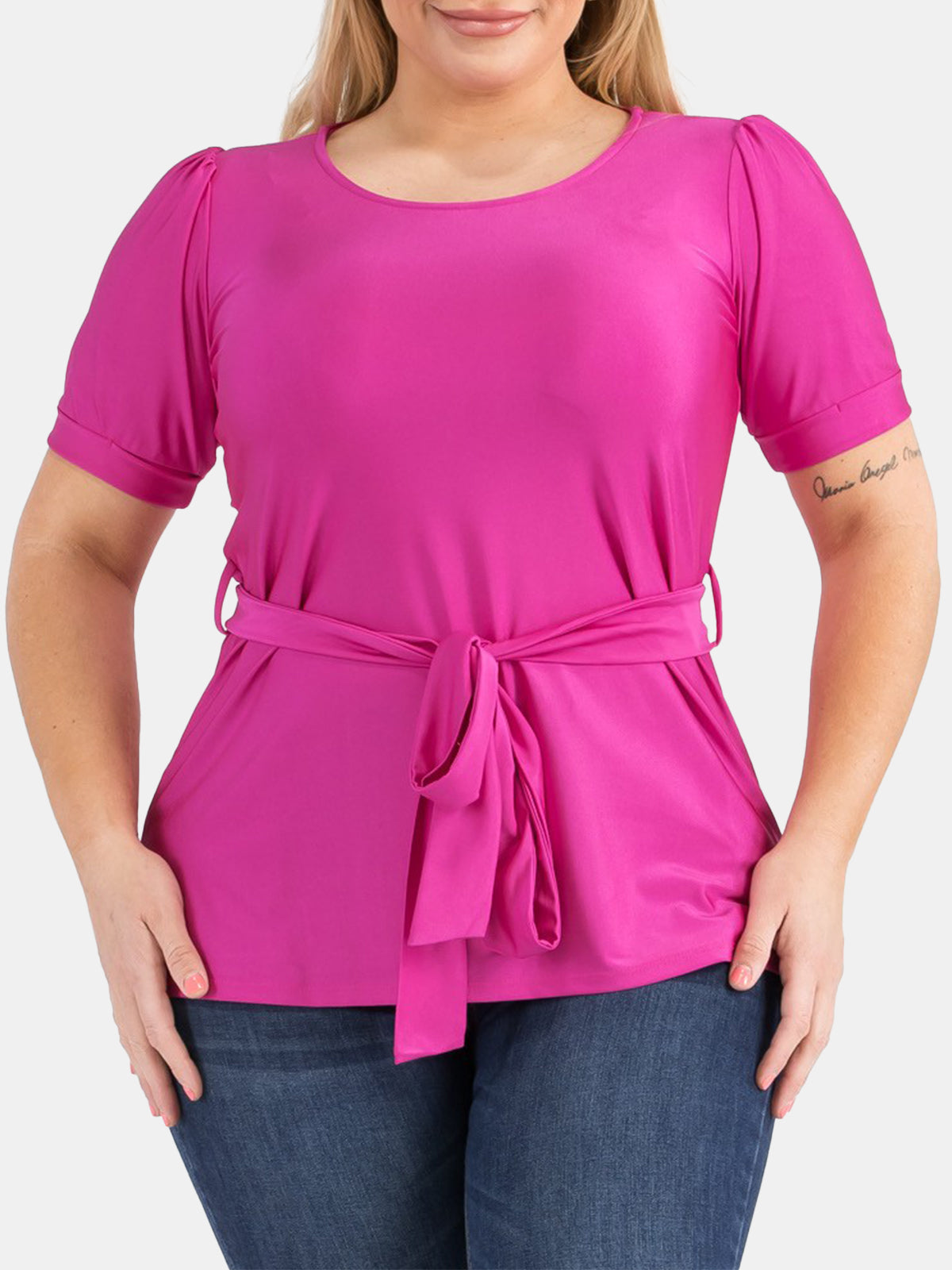 Plus Size Tie Waist Satin Knit Top