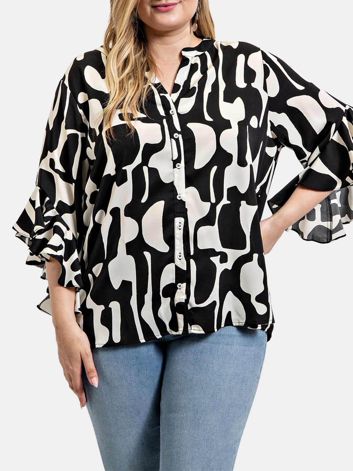 Geometric Print Ruffled Bell Sleeve Woven Top