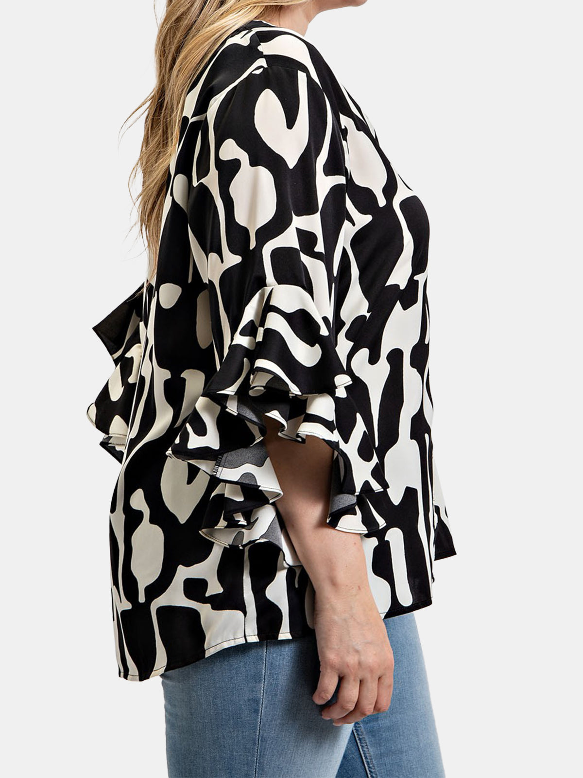 Geometric Print Ruffled Bell Sleeve Woven Top
