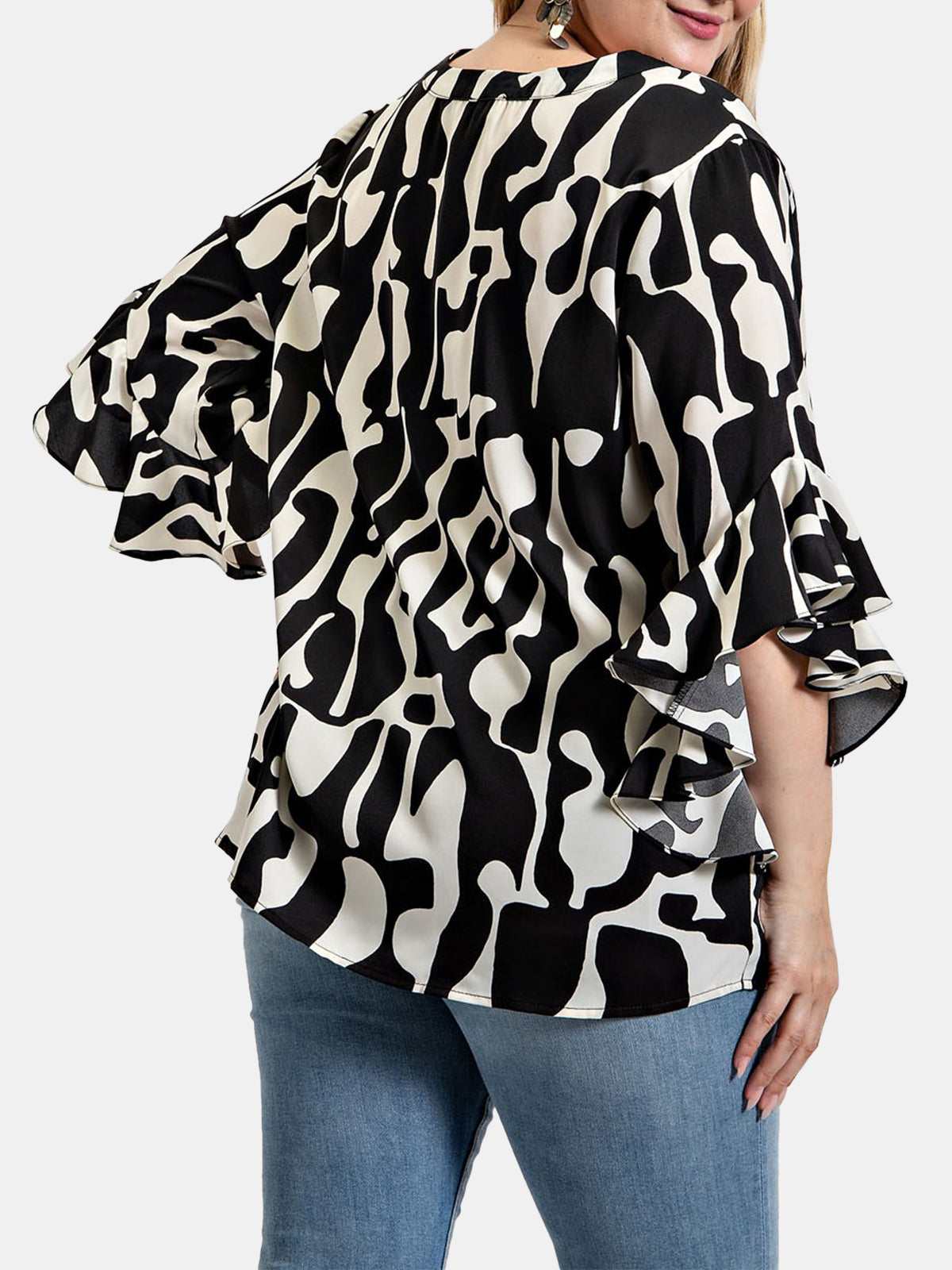 Geometric Print Ruffled Bell Sleeve Woven Top