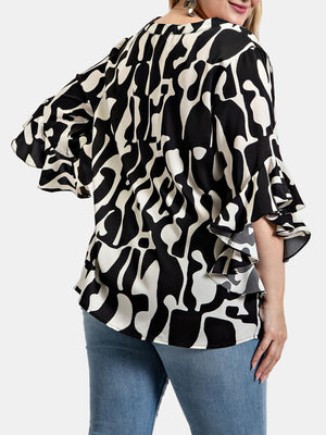 Geometric Print Ruffled Bell Sleeve Woven Top