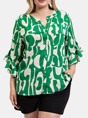 Geometric Print Ruffled Bell Sleeve Woven Top