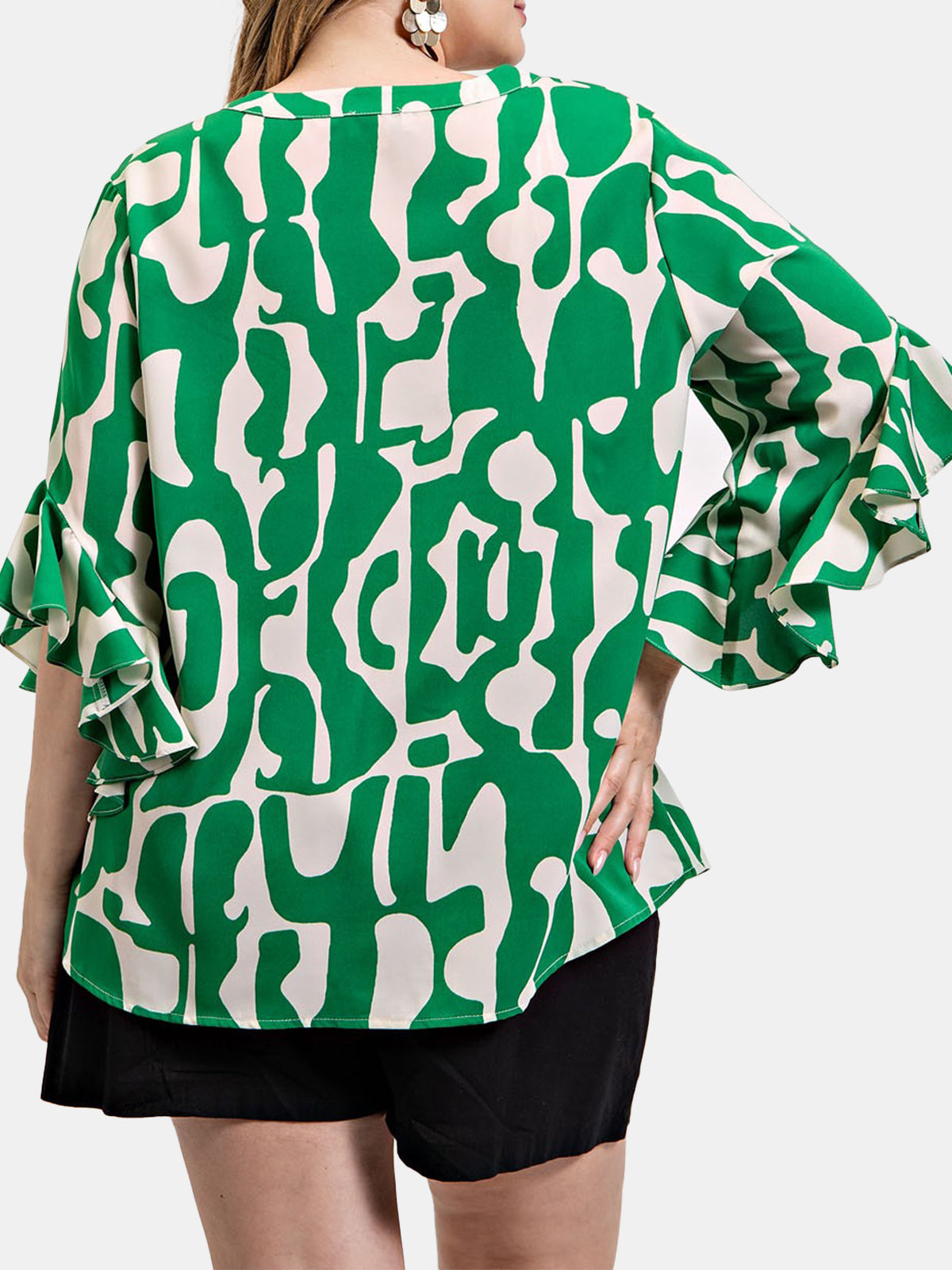 Geometric Print Ruffled Bell Sleeve Woven Top