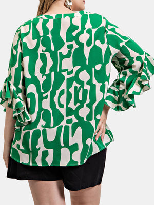 Geometric Print Ruffled Bell Sleeve Woven Top