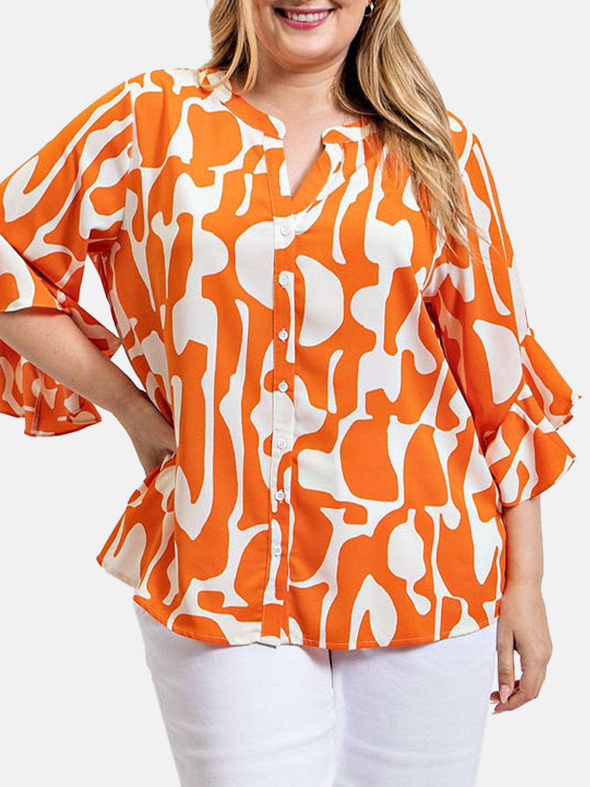 Geometric Print Ruffled Bell Sleeve Woven Top