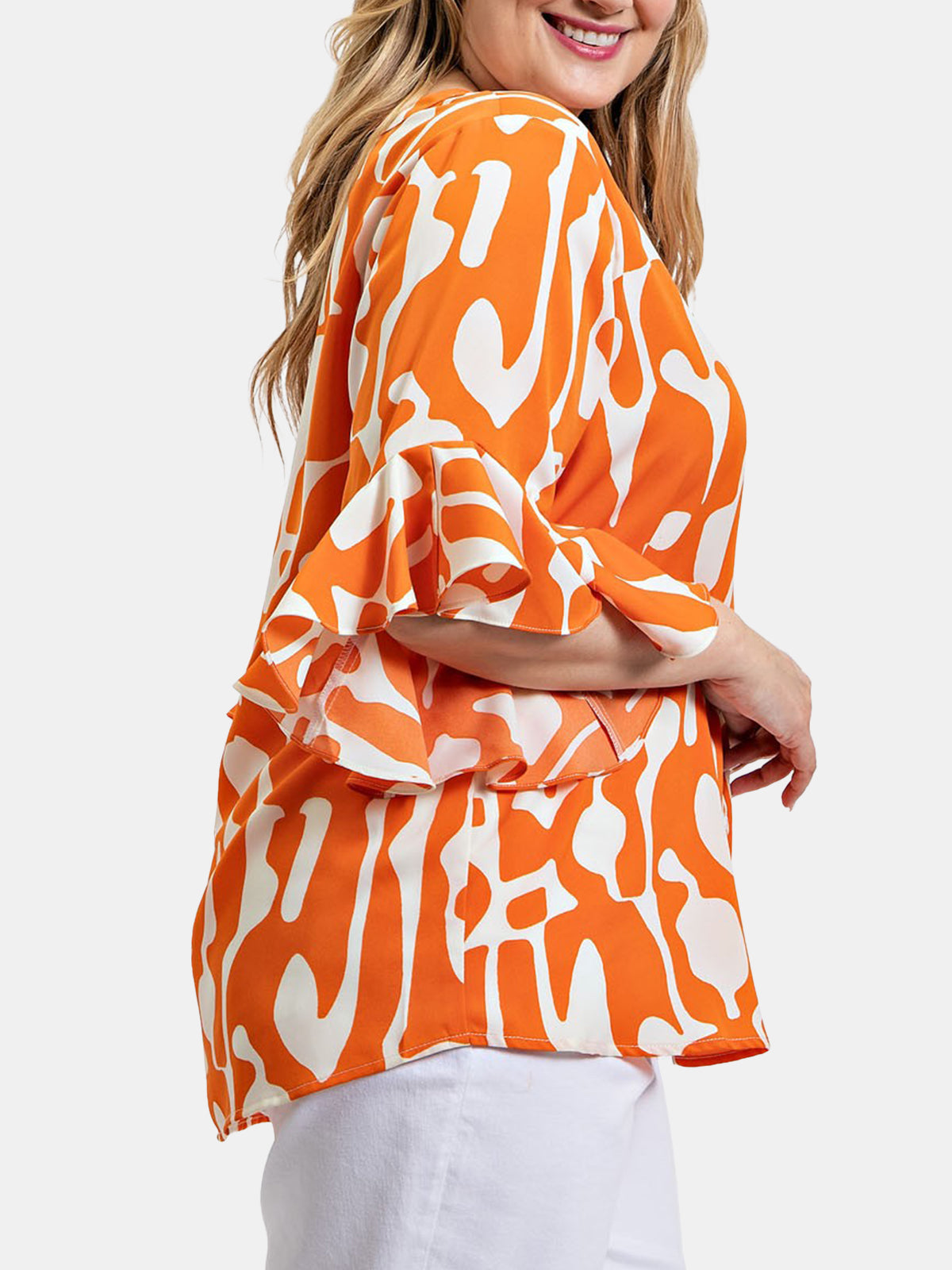 Geometric Print Ruffled Bell Sleeve Woven Top