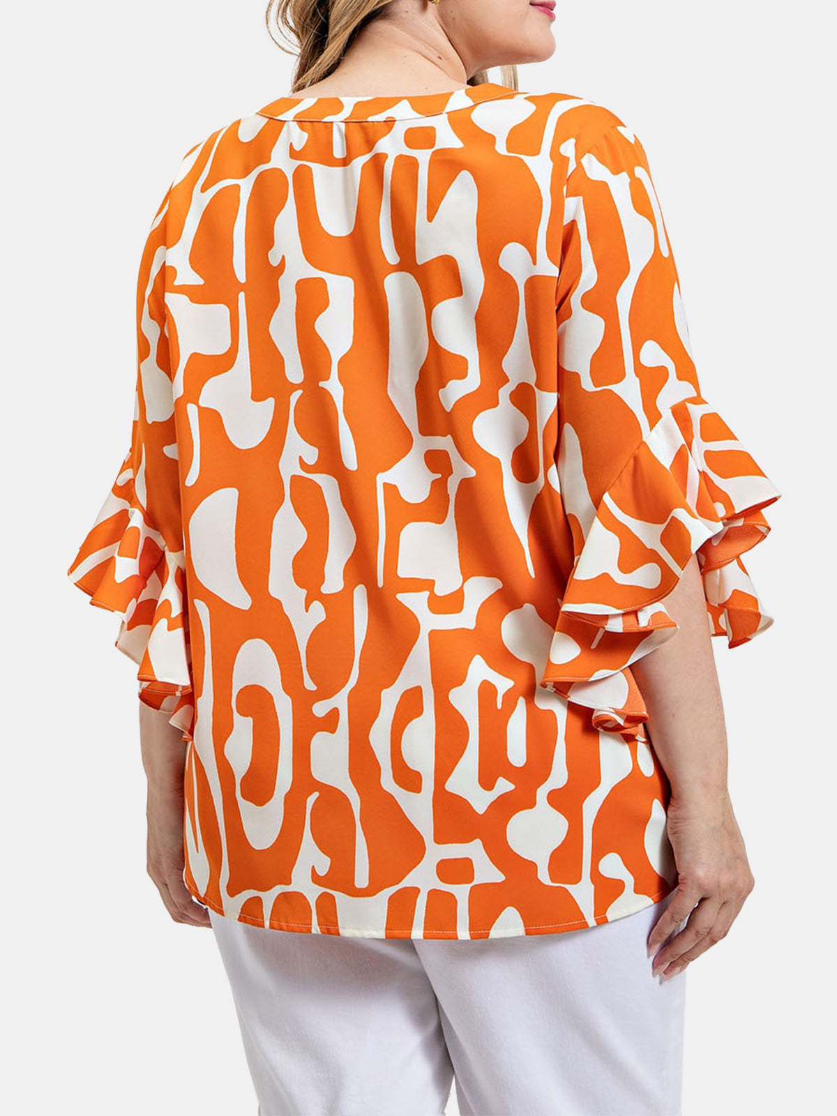 Geometric Print Ruffled Bell Sleeve Woven Top