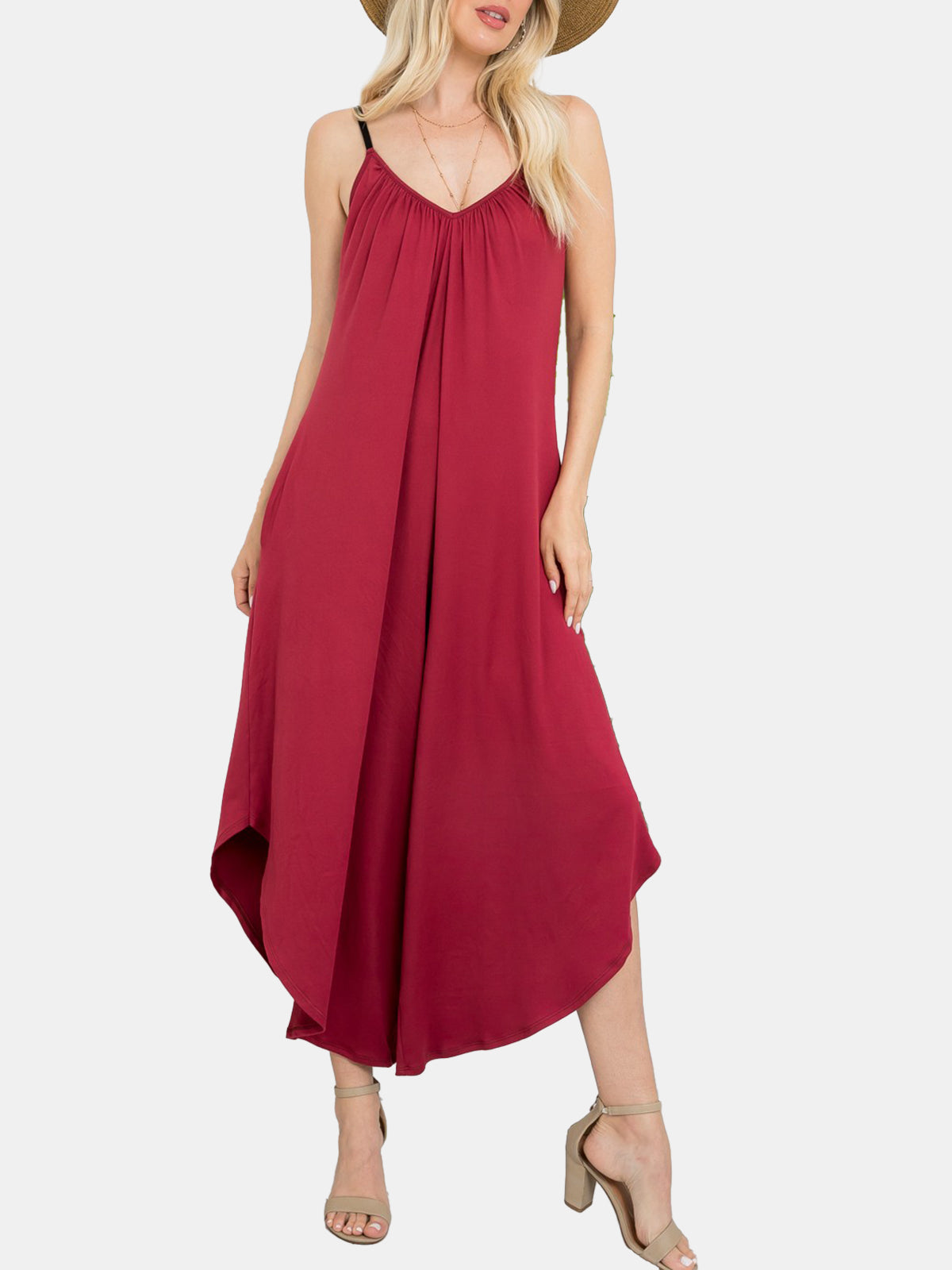 Solid V-neck Pocket Jumpsuit