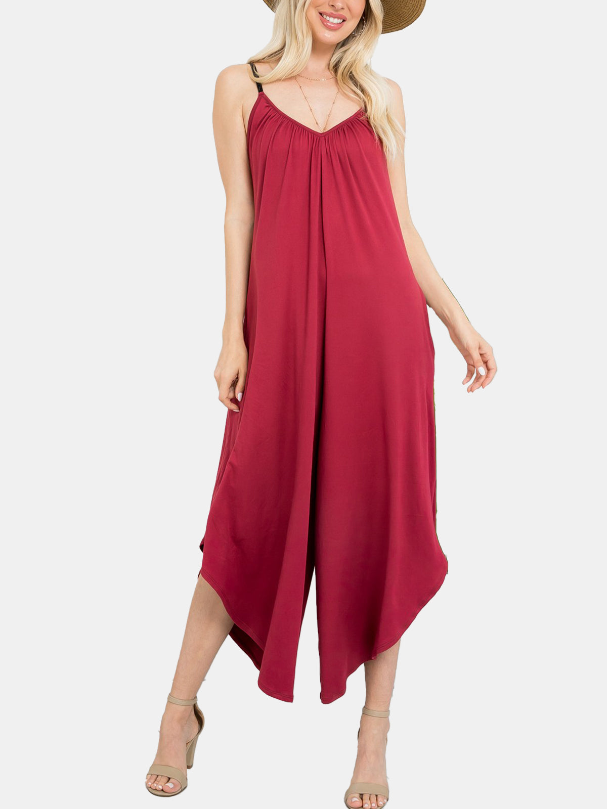 Solid V-neck Pocket Jumpsuit