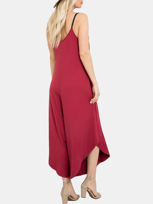 Solid V-neck Pocket Jumpsuit