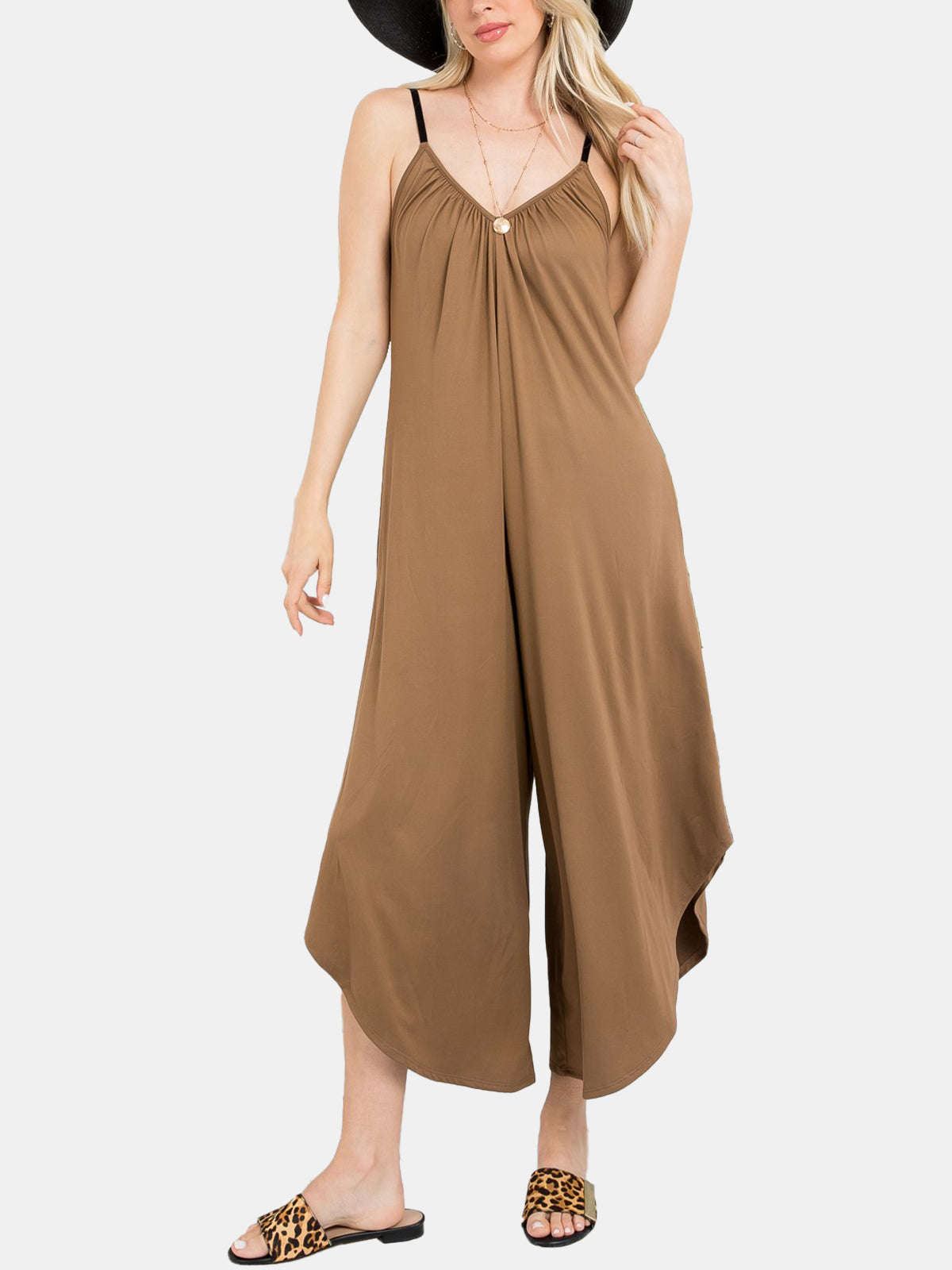 Solid V-neck Pocket Jumpsuit