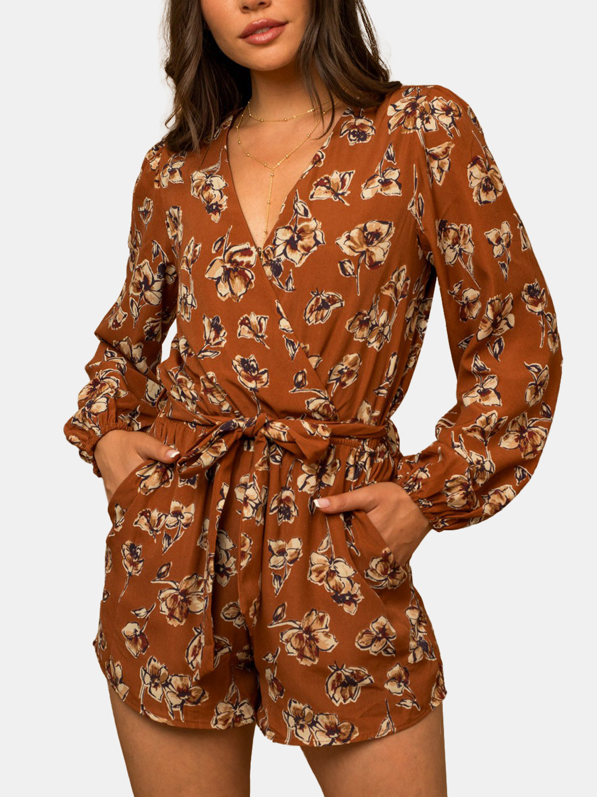 Long Sleeve Surplice Waist Tie Floral Print Romper