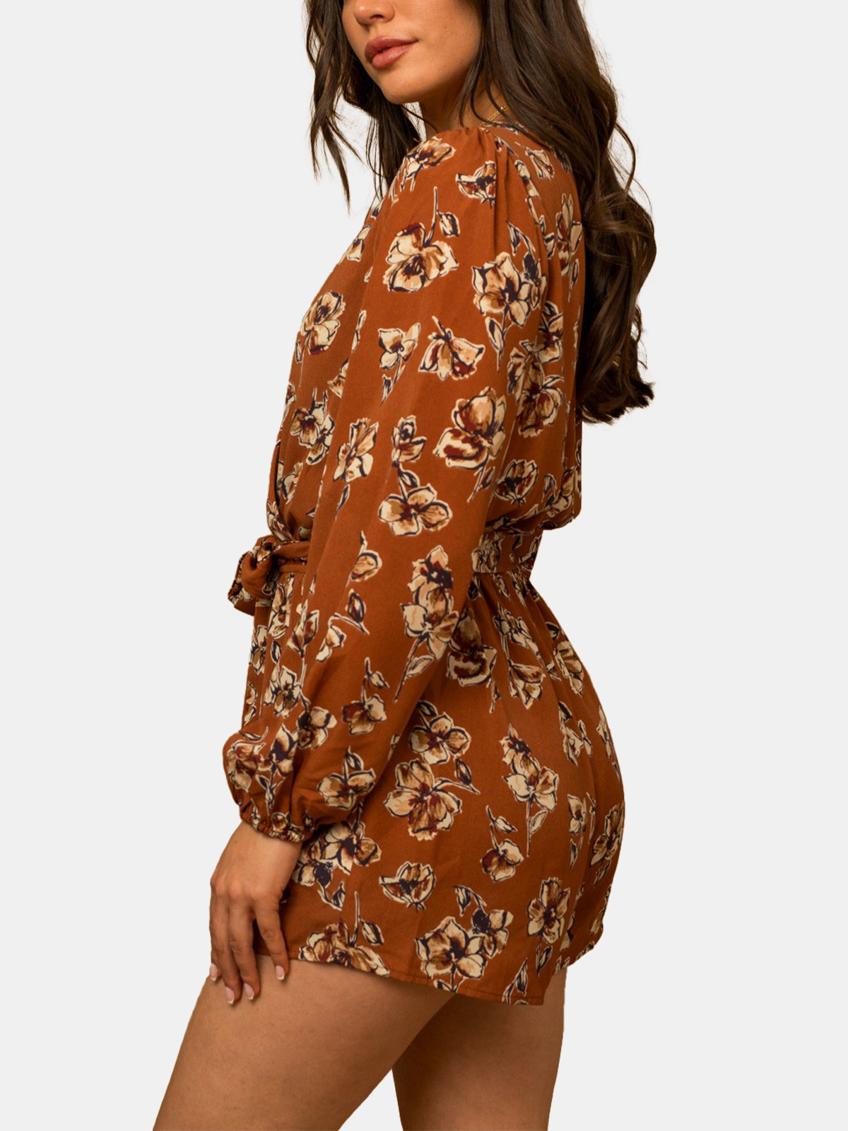 Long Sleeve Surplice Waist Tie Floral Print Romper