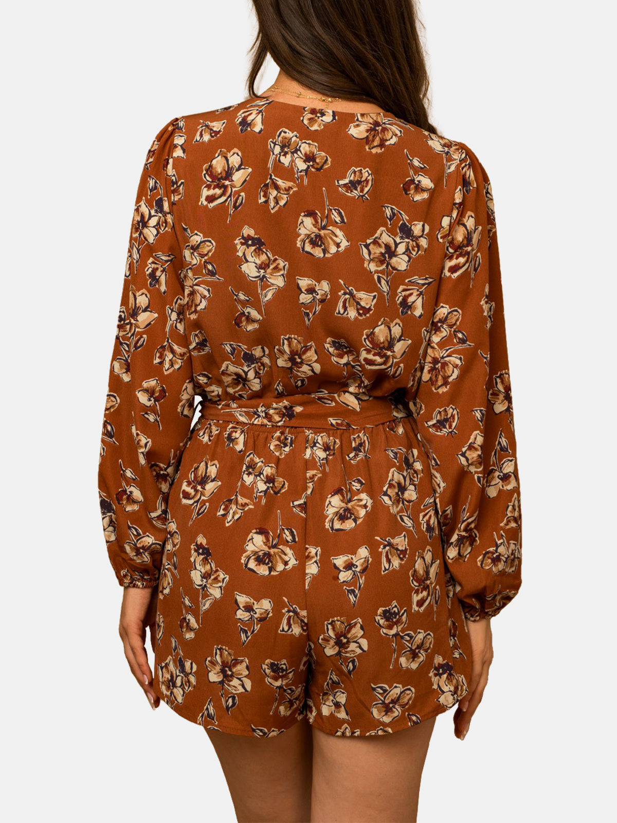 Long Sleeve Surplice Waist Tie Floral Print Romper