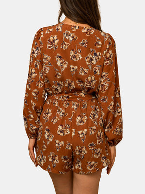 Long Sleeve Surplice Waist Tie Floral Print Romper