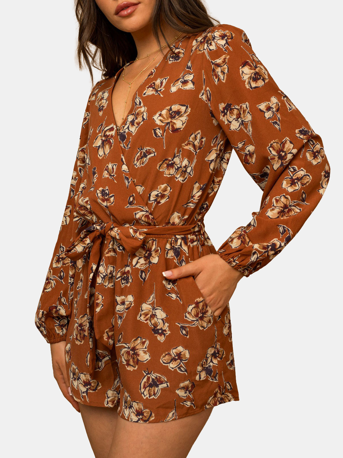 Long Sleeve Surplice Waist Tie Floral Print Romper