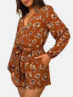 Long Sleeve Surplice Waist Tie Floral Print Romper