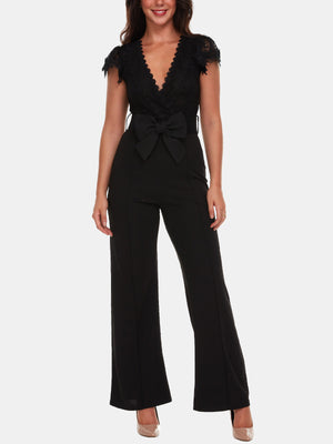 Crochet and Crepe Jumpsuit w/ Bow Belt