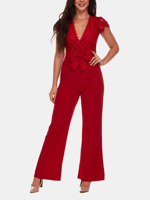 Crochet and Crepe Jumpsuit w/ Bow Belt