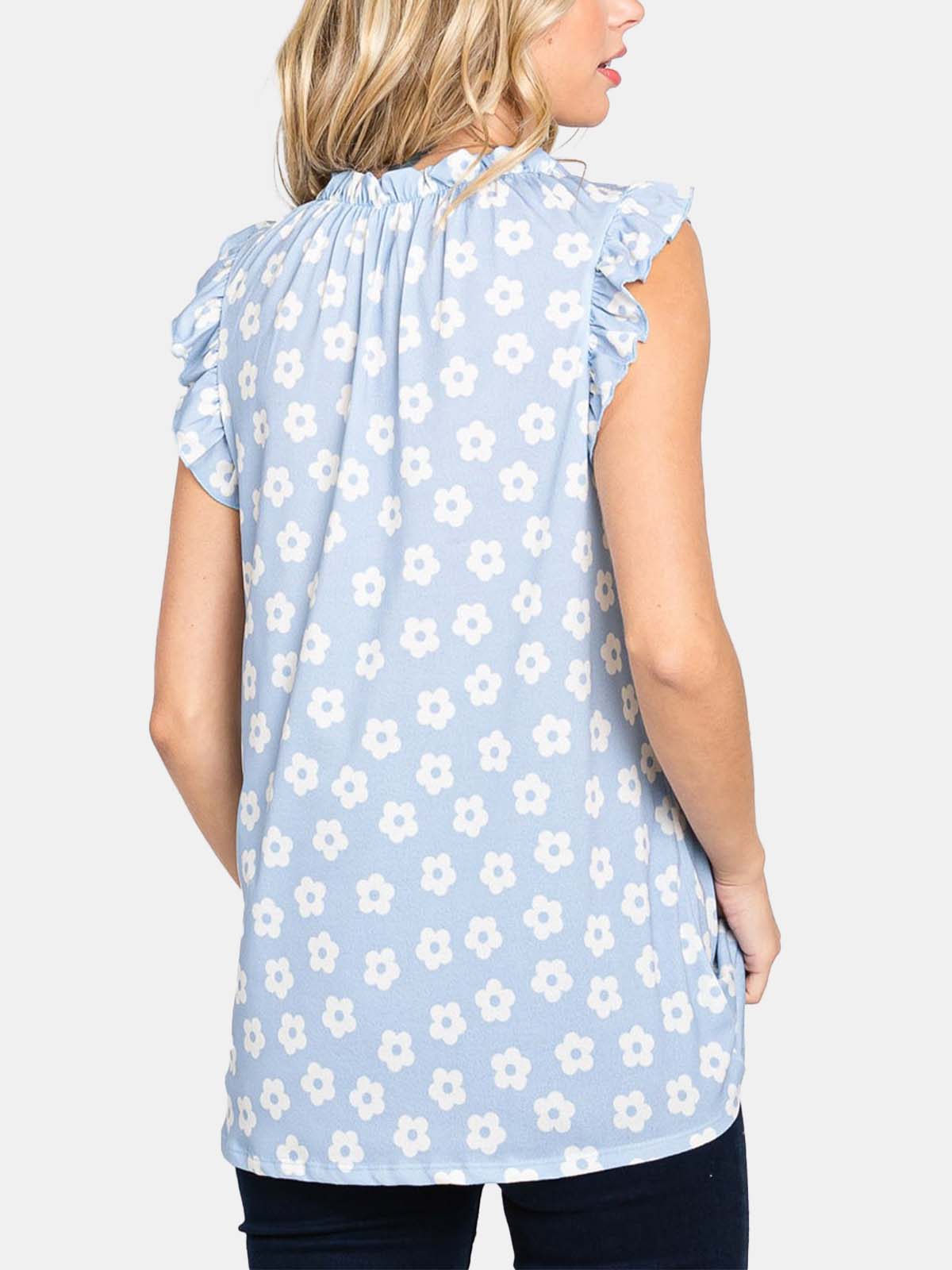 Daisy Print Ruffle Cap Sleeve Knit Top