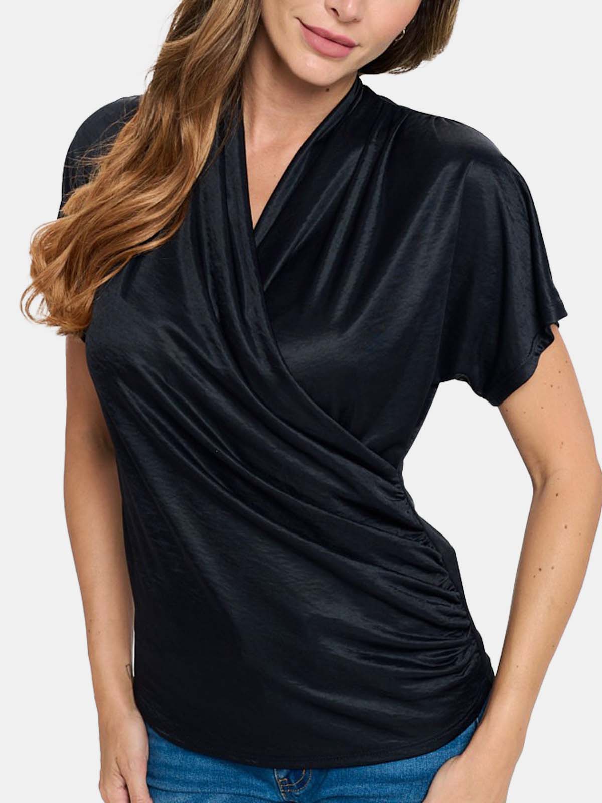 Short Dolman Sleeves Shirring Surplice Knit Top