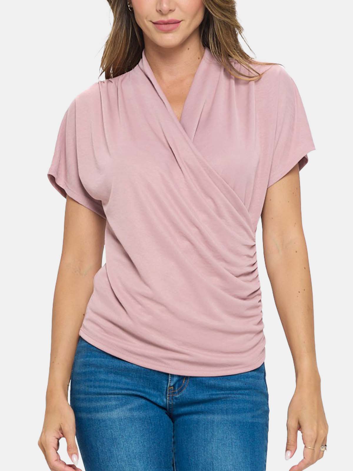 Short Dolman Sleeves Shirring Surplice Knit Top