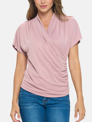 Short Dolman Sleeves Shirring Surplice Knit Top