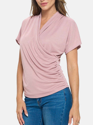 Short Dolman Sleeves Shirring Surplice Knit Top
