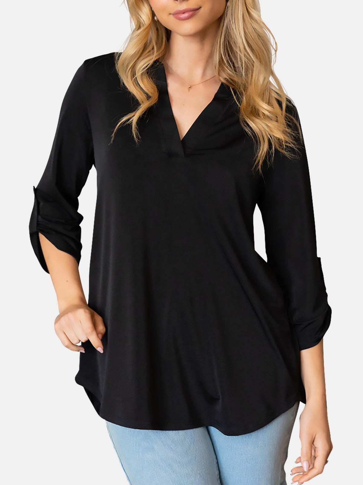 Three Quarter Sleeve Shiny Solid Knit Top