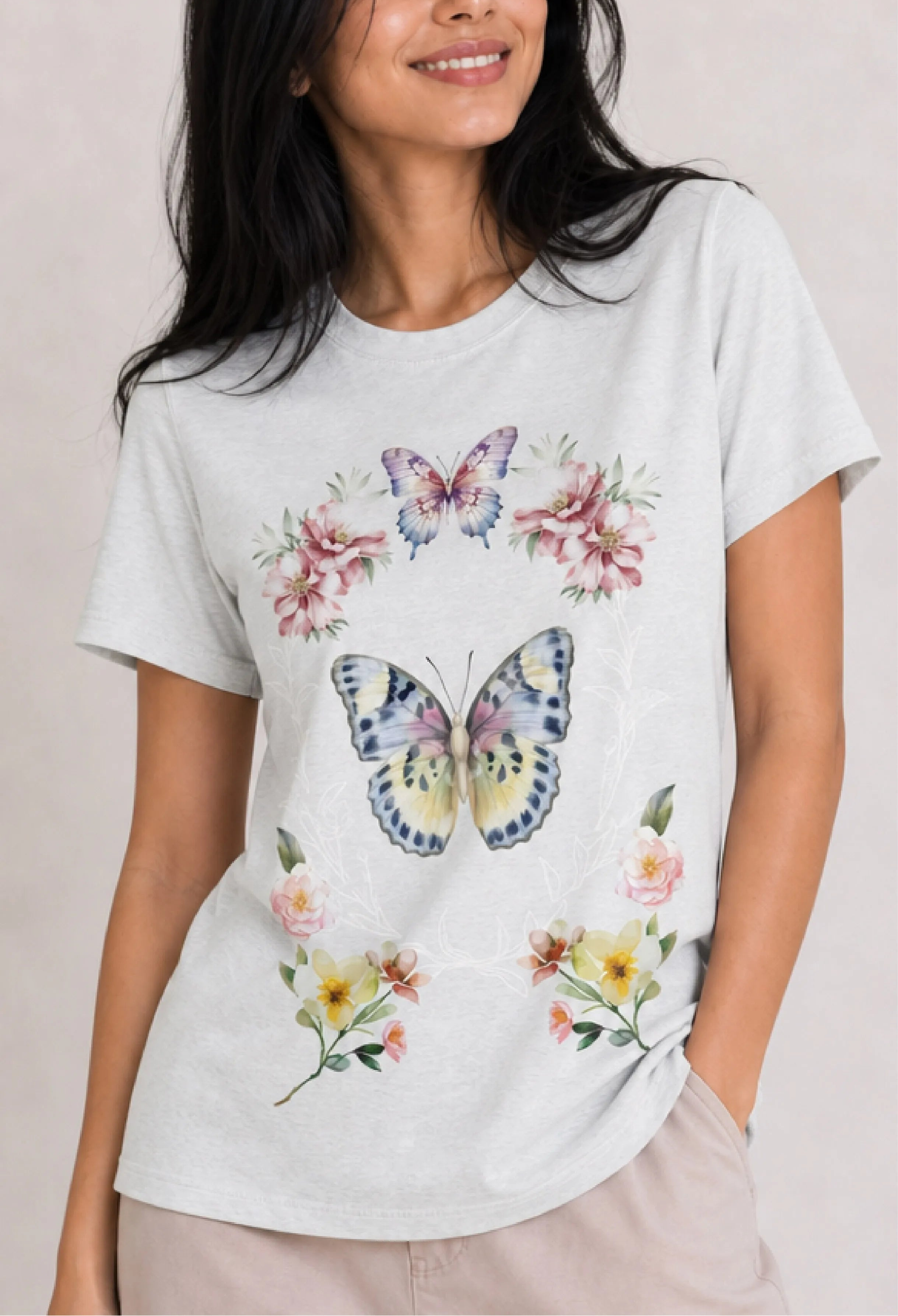 Floral Butterfly Light Grey Tee