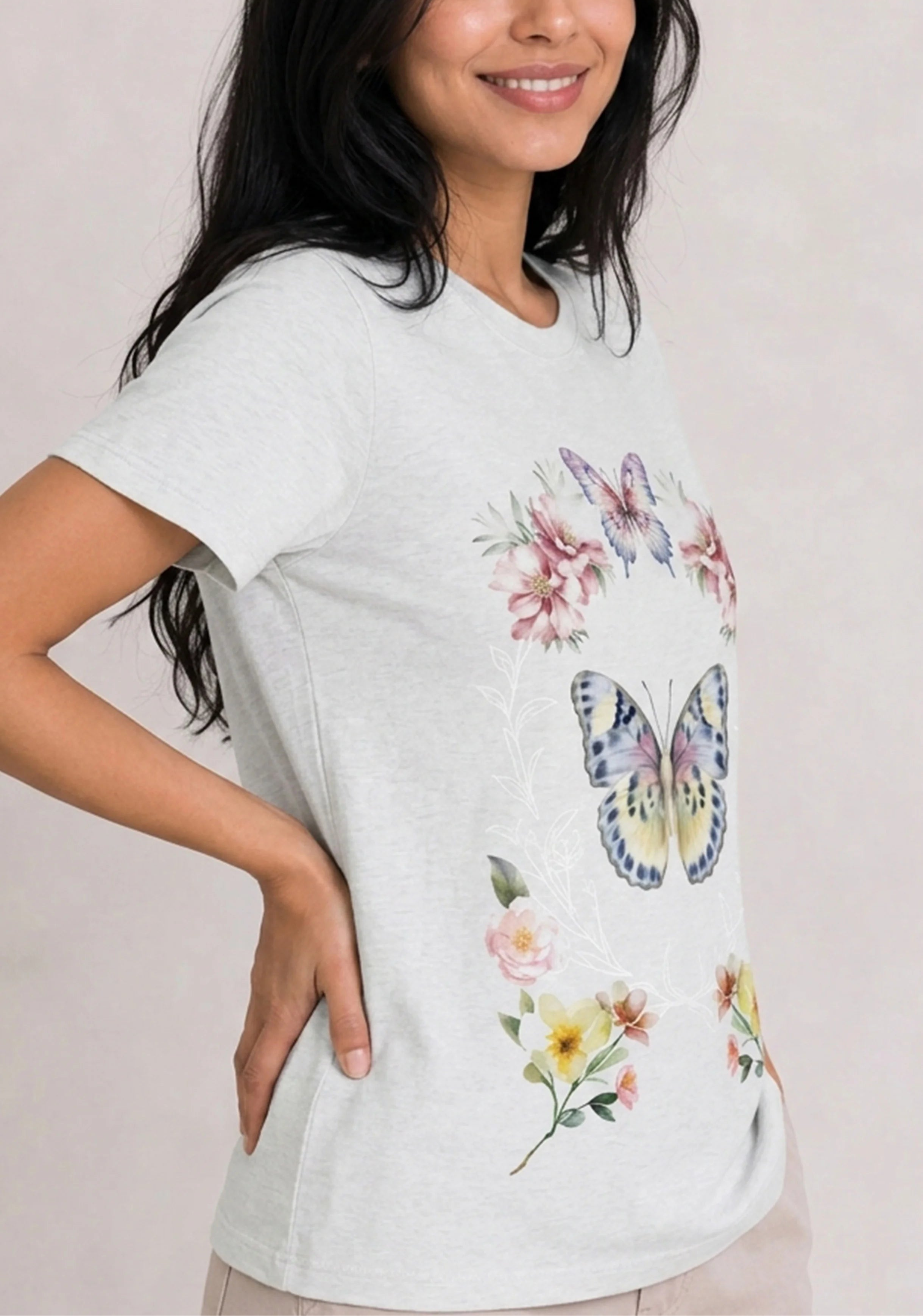Floral Butterfly Light Grey Tee