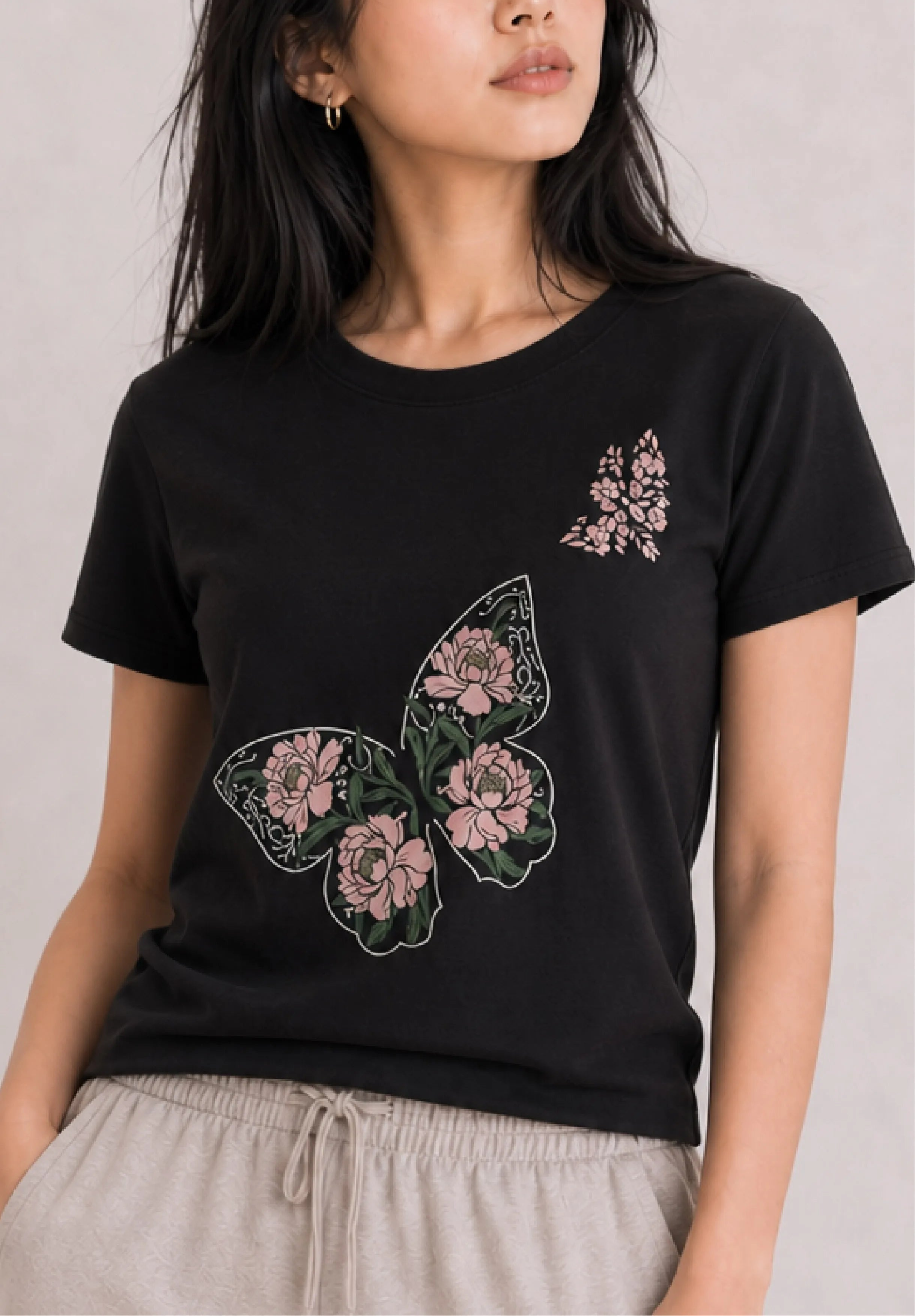 Floral Wings Black Tee