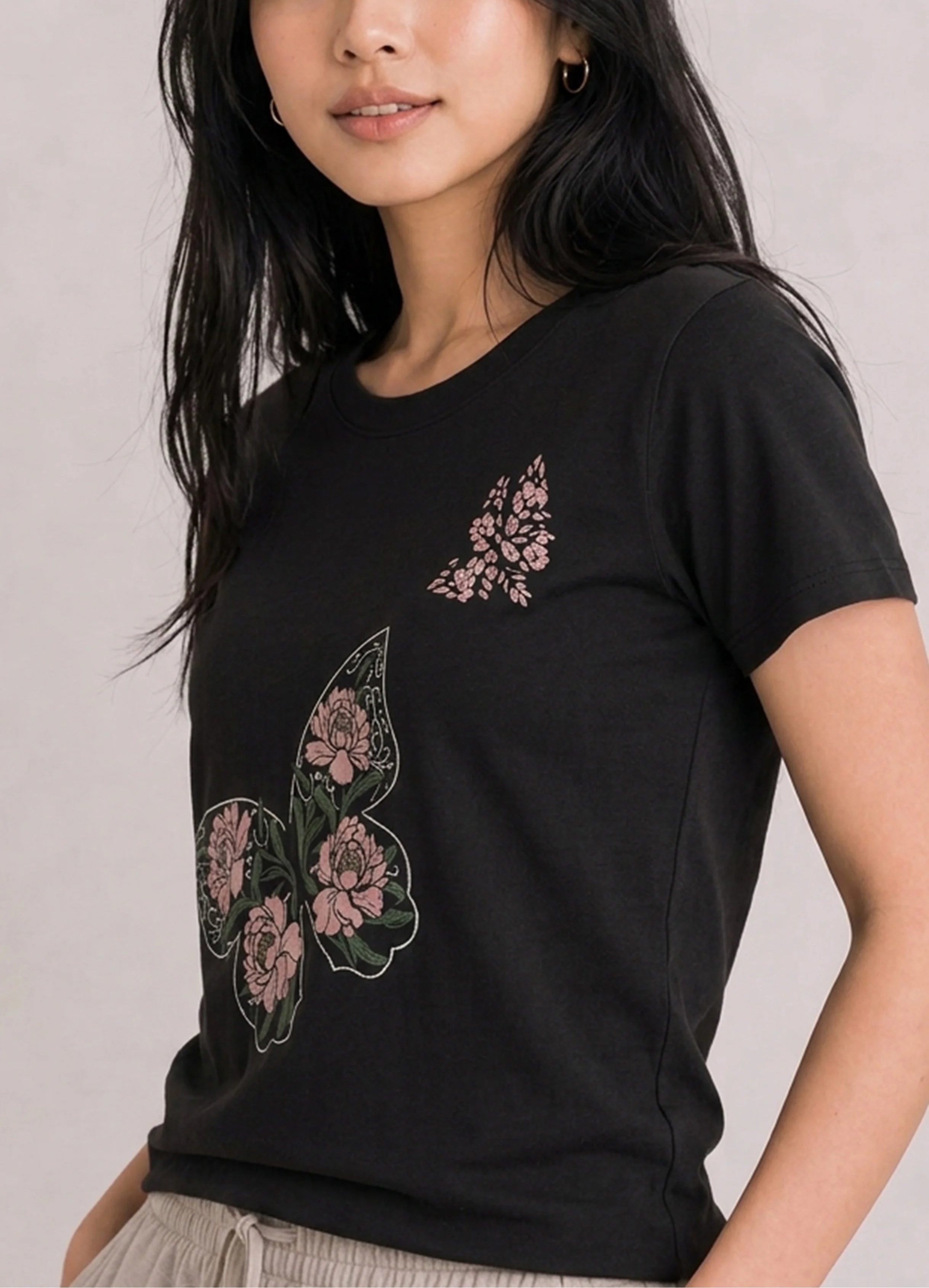 Floral Wings Black Tee