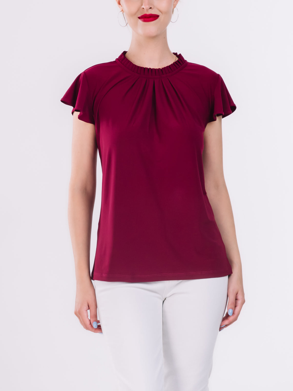 Ruffled Neckline Flutter Short Sleeve Top