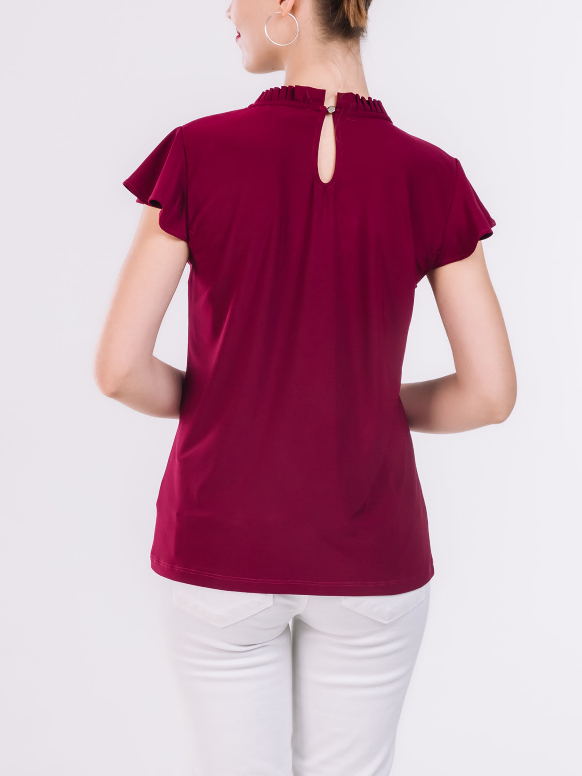 Ruffled Neckline Flutter Short Sleeve Top